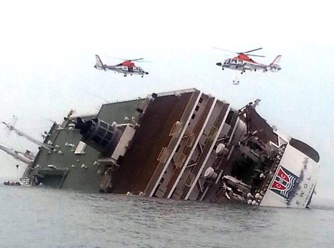 Rescue helicopters fly over a sinking South Korean passenger ferry that was carrying more than 450 passengers, mostly high school students, Wednesday, April 16, 2014, off South Korea's southern coast. 