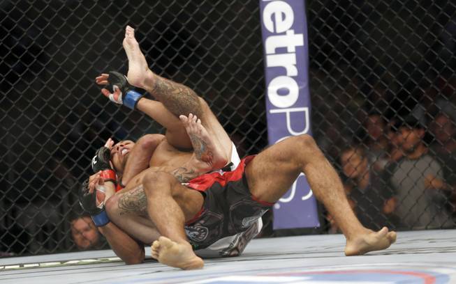 Donald Cerrone and Edson Barboza, of Brazil, top, fight in a mixed martial arts event on Saturday, April 19, 2014, at UFC Fight Night in Orlando, Fla. Cerrone won by tap out.