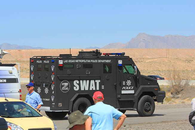 A Metro Police SWAT vehicle arrives at the April 12, 2014 stand-off between the Bureau of Land Management and supporters of rancher Cliven Bundy near Bunkerville, Nevada. The BLM eventually called off their roundup of Bundy cattle citing safety concerns. Courtesy of Shannon Bushman.