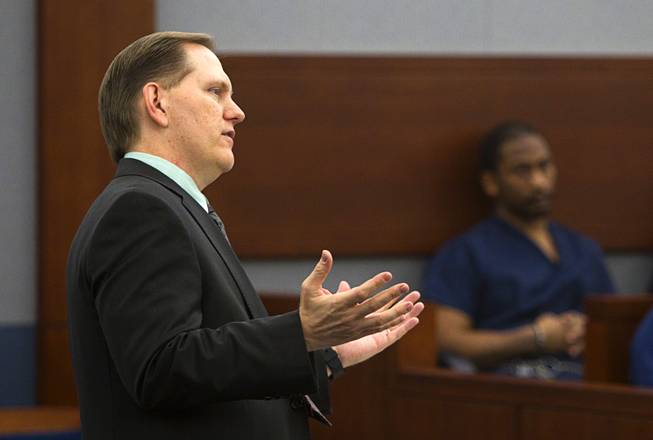 Deputy District Attorney Steve Waters speaks during the sentencing for Nyakueth Tear of Salt Lake City, Utah at the Regional Justice Center Tuesday, April 22, 2014. Tear struck eight pedestrians with her car in the street outside of a North Las Vegas church in August 2013 and fled the scene.