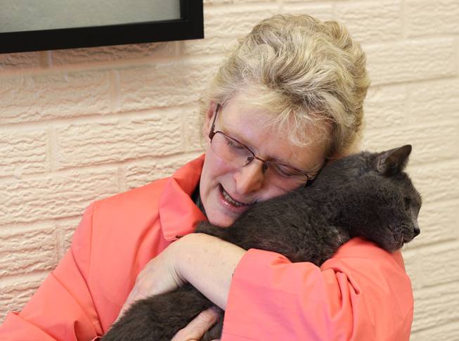 In this April 22, 2014, photo provided by Peggy Bender, Virginia Fryback hugs her cat, Charlie, at Fort Wayne Animal Care & Control in Fort Wayne, Ind. Fryback says Charlie disappeared from her home five years ago and she thought she'd never see him again. She thanks the veterinarian who convinced her to get a microchip when Charlie was a kitten.