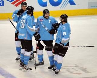 Alaska Aces center Nick Mazzolini (42) celebrates with teammates after scoring a shorthanded goal against the Las Vegas Wranglers on Wednesday night at the Orleans Arena.