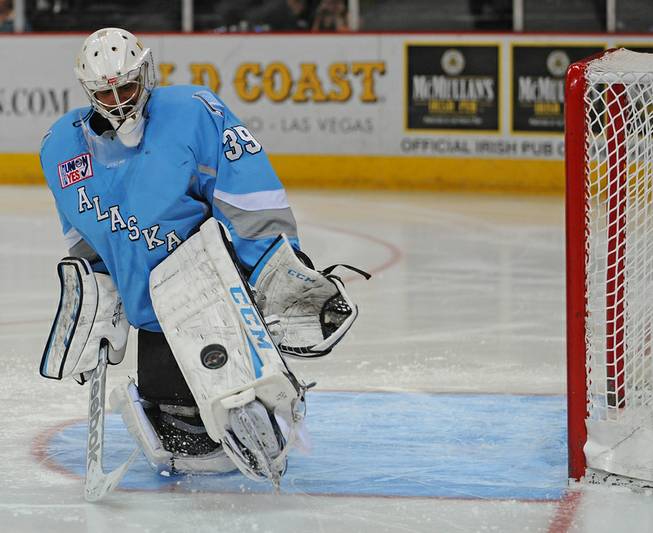 Alaska Aces goaltender Gerald Coleman makes a kick save against the Las Vegas Wranglers during the third game of a first round Kelly Cup playoff series at the Orleans Arena on Wednesday night.