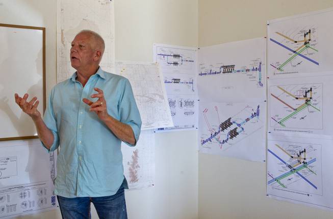 Las Vegas developer Jim Rhodes talks strategy within the office on his new Kingman Farms outside Kingman,  Ariz.,  on Wednesday, April 9, 2014.