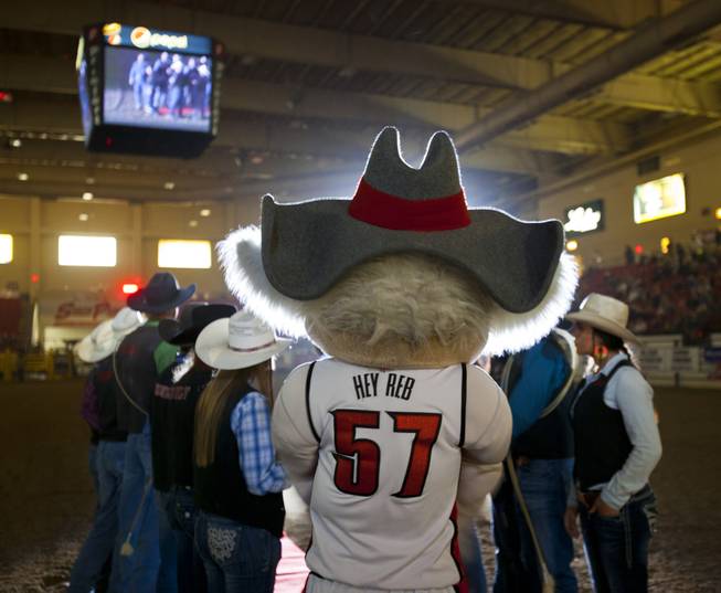 UNLV mascot Hey Reb stands with rodeo teammates before the start of the West Coast Regional Finals Rodeo at South Point Arena on Friday, April 25, 2014.