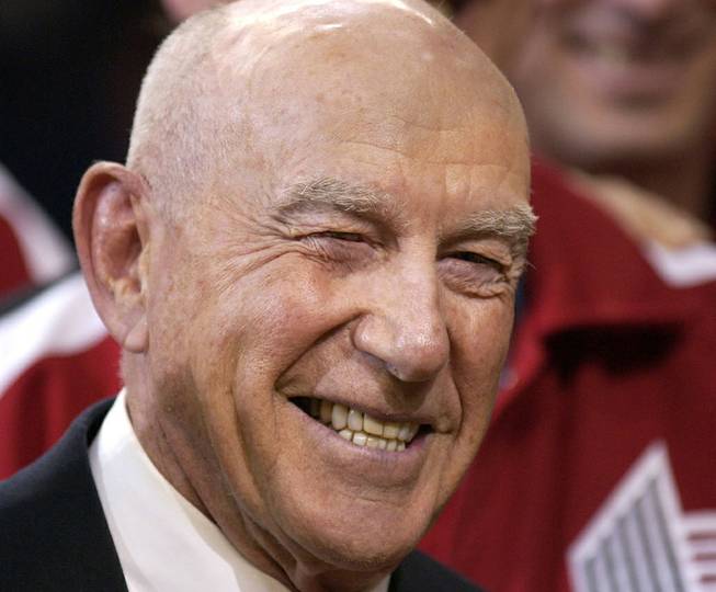  In this Sunday, April, 14, 2002, file photo, former Portland Trail Blazers coach Jack Ramsay smiles during a special 25th anniversary reunion of the Trail Blazers' 1976-77 championship team at halftime of their NBA basketball game against the Los Angeles Lakers, in Portland, Ore. Ramsay, a Hall of Fame coach who led the Portland Trail Blazers to the 1977 NBA championship before he became one of the league's most respected broadcasters, has died following a long battle with cancer. He was 89.