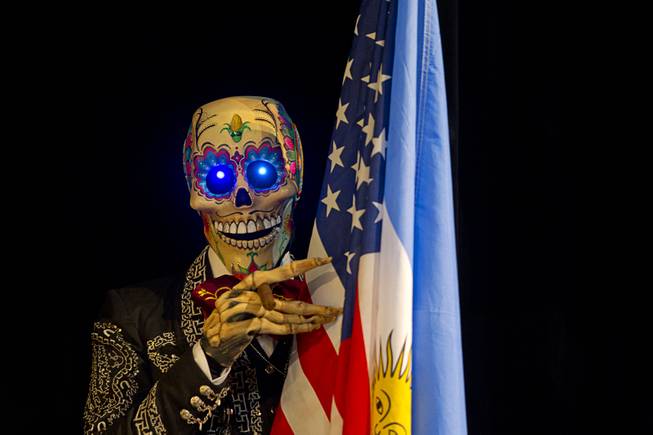A costumed character attends a news conference with Floyd Mayweather Jr. and Marcos Maidana at the MGM Grand Wednesday, April 30, 2014.