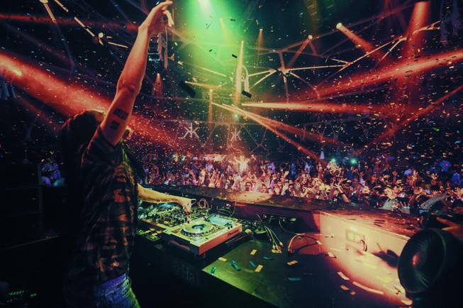 Steve Aoki spins during Night 1 of Hakkasan’s first-anniversary celebrations Thursday, April 24, 2014, at MGM Grand.