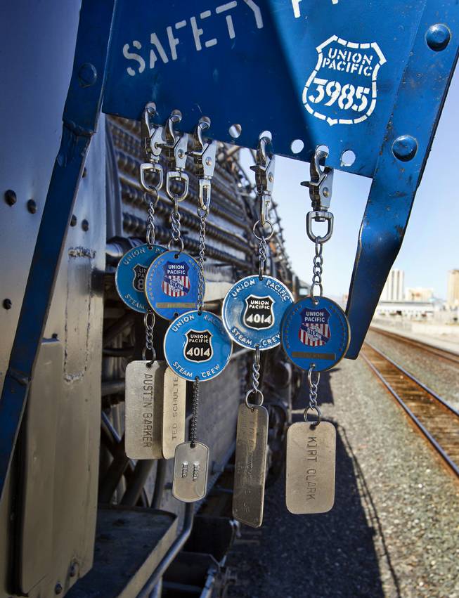 Safety tags hang from a board outside the cab of the Big Boy No. 4014 steam locomotive during its stop at Union Pacific Railroad in Las Vegas on its way to Cheyenne, Wyoming, on Wednesday, April 30, 2014.