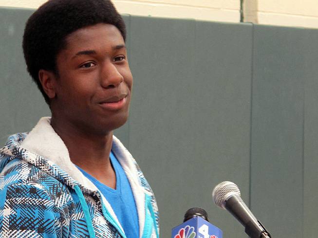 Kwasi Enin speaks at a news conference at William Floyd High School in Mastic Beach, N.Y., on Wednesday, April 30, 2014. Enin, who was accepted into all eight Ivy League colleges, announced that he will attend Yale in the fall.