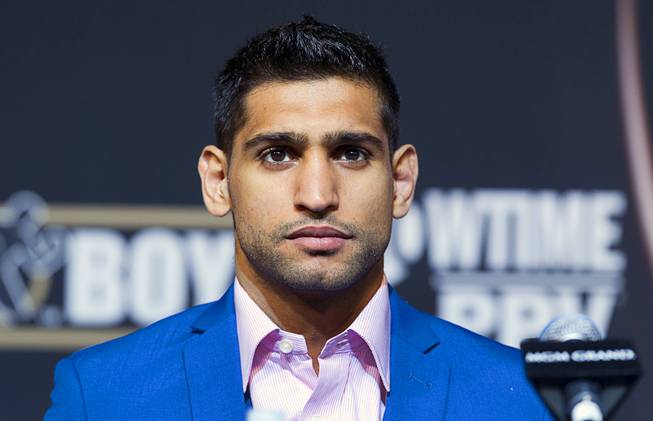 Welterweight boxer Amir Khan of Britain attends a news conference for undercard boxers at the MGM Grand Thursday, May 1, 2014. Khan will fight Luis Collazo  at the MGM Grand Garden Arena on Saturday.