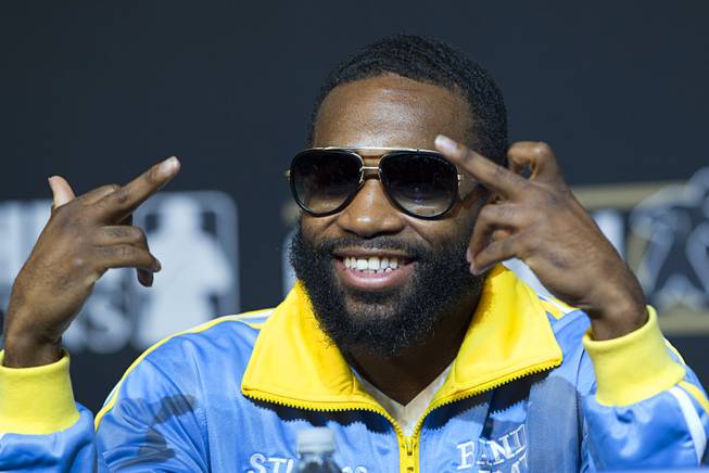 Super lightweight boxer Adrien Broner  poses during a news conference for undercard boxers at the MGM Grand Thursday, May 1, 2014. Broner will fight Carlos Molina at the MGM Grand Garden Arena on Saturday.