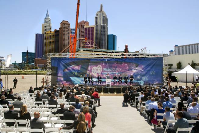 MGM Resorts Chief Executive Jim Murren welcomes the crowd as partners AEG and MGM Resorts International break ground with a ceremonial VIP/media event for the 20,000-seat sports and entertainment arena on Thursday, May 1, 2014.
