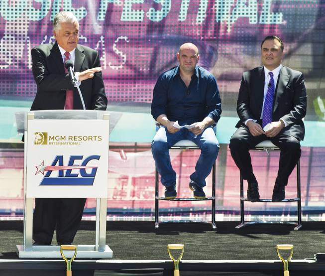 Clark County Commissioner Steve Sisolak speaks on the benefits the AEG and MGM Resorts International 20,000-seat sports and entertainment arena will bring to Las Vegas during a ground breaking ceremonial VIP/media event on Thursday, May 1, 2014.