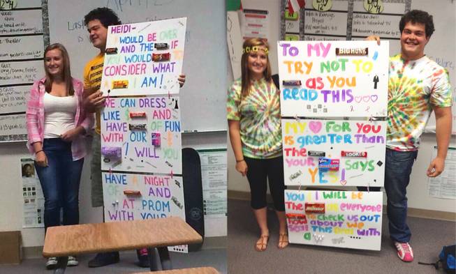 Foothill High School seniors Dylan Weasa and Heidi Koehler pose with his "promposal" and her response messages in this photo illustration. 