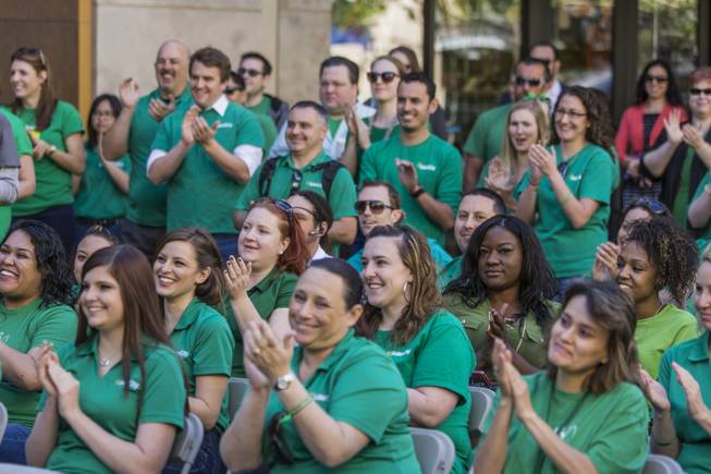 SolarCity employees clap during the company's Nevada expansion celebration press conference at Town Square Thursday, May 1, 2014. 
SolarCity's Nevada staff has grown to over 400 since coming to Nevada in August and expect to add another 400 more in the next year. 
