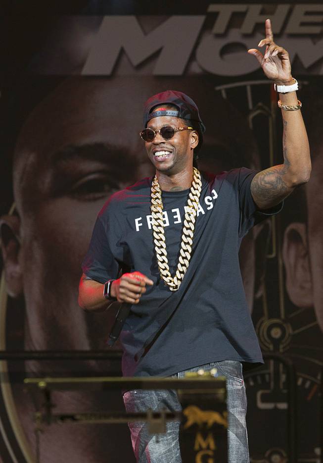 Rapper 2 Chainz performs before an official weigh-in for WBC welterweight champion Floyd Mayweather Jr.  and WBA champion Marcos Maidana of Argentina at the MGM Grand Garden Arena Friday, May 2, 2014. The two champions will meet in a WBC/WBA unification fight at the arena on Saturday.