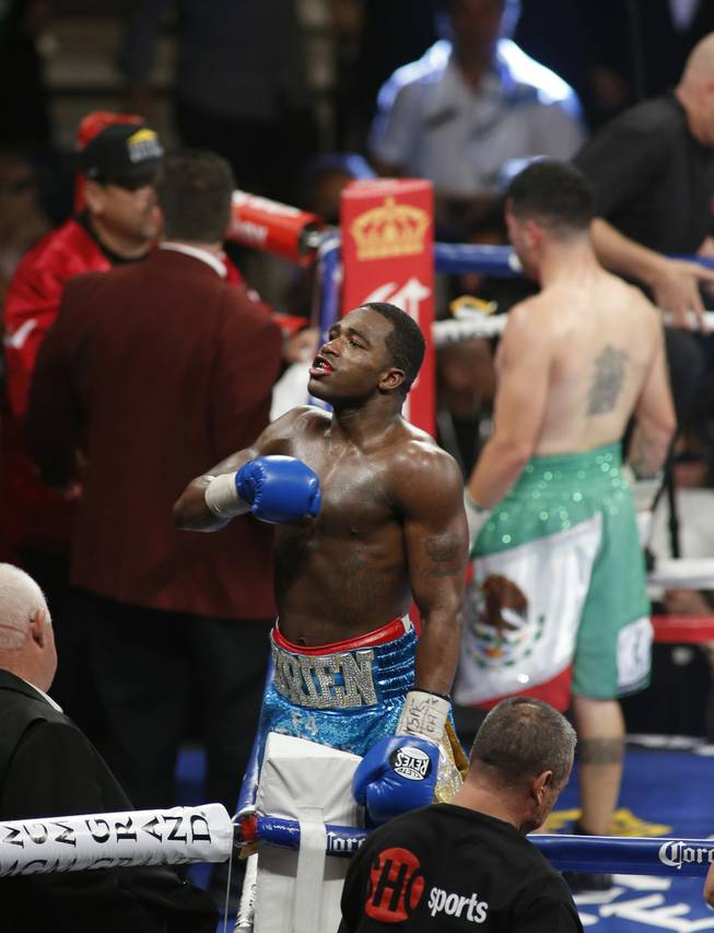 Adrien Broner of the U.S. celebrates his victory over Carlos Molina in their super lightweight fight at the MGM Grand Garden Arena on Saturday, May 3, 2014.