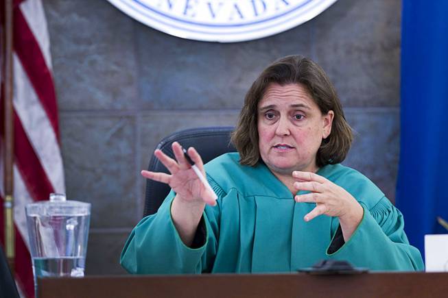 District Court Judge Kathleen Delaney speaks to potential jurors as jury selection begins in the trial for Jason "Blu" Griffith, the man accused of killing Luxor "Fantasy" dancer Debora Flores Narvaez, at the Regional Justice Center Monday, May 5, 2014.