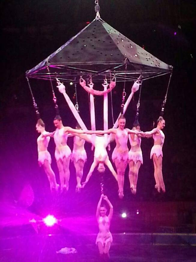 In this photo provided by Frank Caprio, performers hang during an aerial hair-hanging stunt at the Ringling Brothers and Barnum and Bailey Circus, Friday, May 2, 2104, in Providence, R.I. A platform collapsed during an aerial hair-hanging stunt at the 11 a.m. performance Sunday, May 4, sending eight acrobats plummeting to the ground.