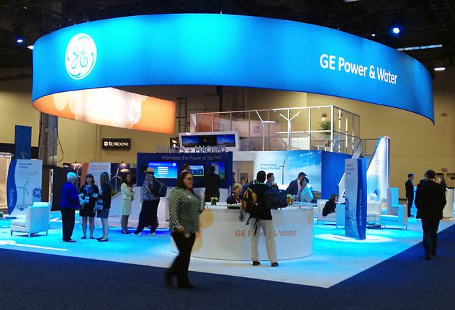Participants in 2014 Windpower Convention at the Mandalay Bay Convention Center explore the General Electric expo booth on Thurs. May 8, 2014. This is the first time the American Wind Energy Association, an industry trade group with 1,200 members, has held its annual conference in Las Vegas.