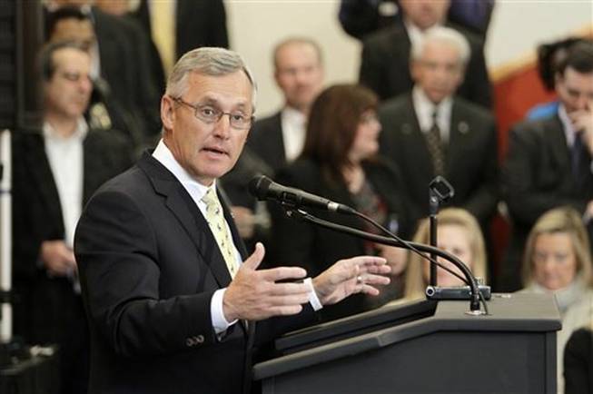 Former Ohio State football coach Jim Tressel speaks after being introduced as the new vice president for strategic engagement at the University of Akron, in Akron, Ohio, in this Feb. 2, 2012 file photo. Tressel has been offered the job of president at Youngstown State University less than a month after he applied for the same position at the University of Akron.
