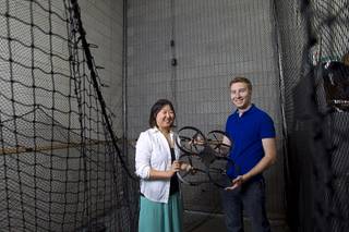 Skyworks founders Jinger Zeng and Greg Friesmuth pose in drone testing lab at UNLV Tuesday, May 6, 2014.