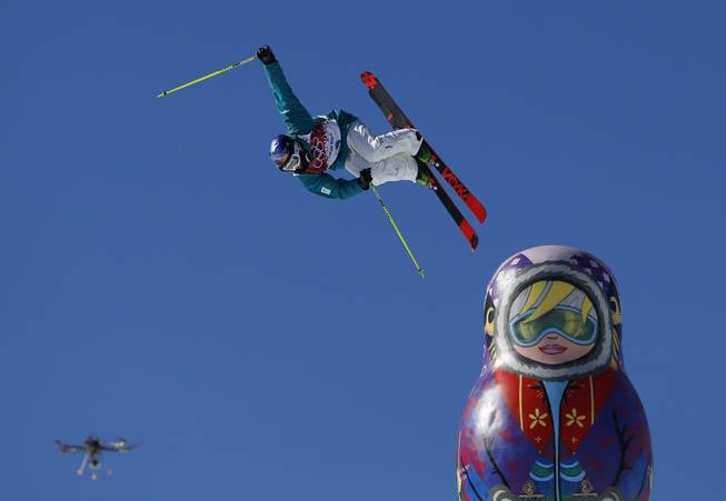 A drone camera captures Australia's Russell Henshaw jumping during the men's ski slopestyle final at the Rosa Khutor Extreme Park, at the 2014 Winter Olympics, Thursday, Feb. 13, 2014, in Krasnaya Polyana, Russia. 