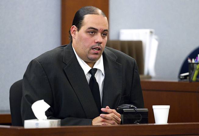 Louis Colombo, 35, a former housemate of Jason Omar Griffith, testifies during Griffith's trial at the Regional Justice Center Tuesday, May 13, 2014. Colombo testified he helped Griffith dispose of the body of Luxor "Fantasy" dancer Deborah Flores Narvaez in 2010.