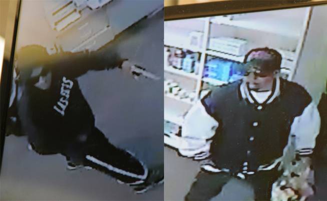 North Las Vegas Police are looking to the public for help in identifying these two men, sought in connection with an armed robbery of a pharmacy on April 29. The two are pictured as captured on surveillance cameras in the pharmacy.