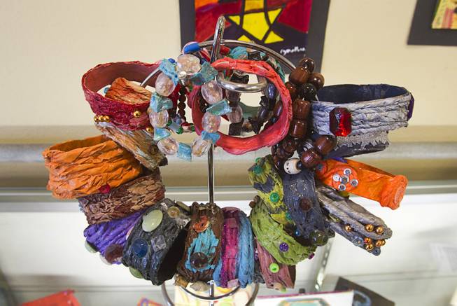 Artwork by seniors is displayed at the Nevada Senior Services Adult Day Care Center of Las Vegas, 901 N. Jones Blvd., Wednesday, May 14, 2014. The artwork at the center is mostly made with repurposed materials.