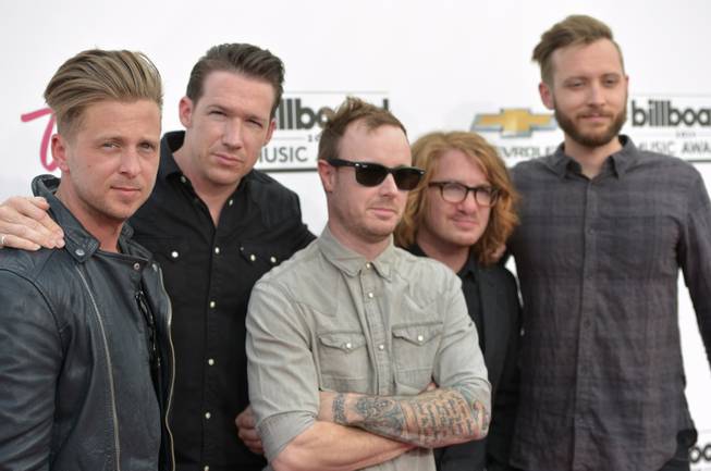 Ryan Tedder, Zach Filkins, Eddie Fisher, Drew Brown and Brent Kutzle of OneRepublic  arrive at the 2014 Billboard Music Awards at MGM Grand Garden Arena on Sunday, May 18, 2014, in Las Vegas.