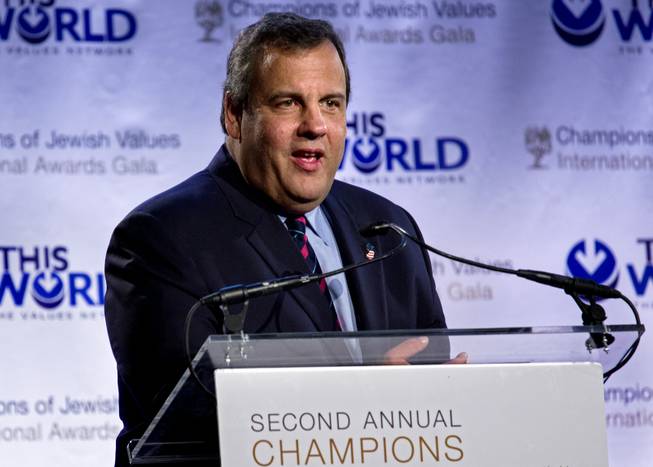 Keynote speaker New Jersey Gov. Chris Christie addresses attendees at the Second Annual Champions of Jewish Values Awards Gala in New York Sunday, May 18, 2014.
