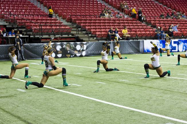 Green Bay Chill warms up on the field before their game against Las Vegas SIN at Thomas & Mack Center, Thursday May 15, 2014. The SIN beat Green Bay 34 to 24, their first win of the Legends Football League season.