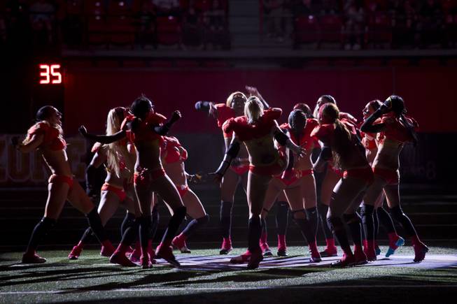 The Las Vegas SIN makes their grand enterance on the field before going against Green Bay Chill, Thursday May 15, 2014. The SIN beat Green Bay 34 to 24 at Thomas & Mack Center, their first win of the Legends Football League season.