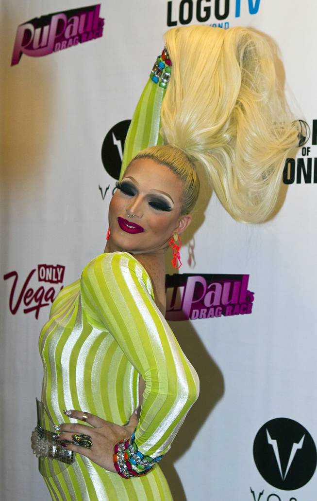 April Carrion poses on the Red Carpet for "RuPaul's Drag Race" at the Season 6 Finale Viewing Party featuring a live screening of the show at The New Tropicana on Monday, May 19, 2014.