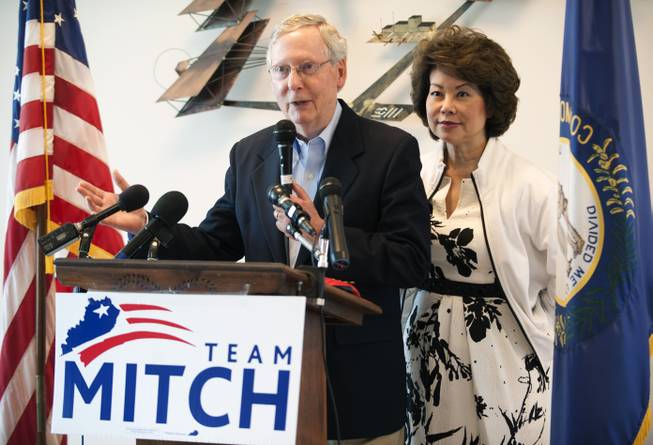Senate Minority Leader Mitch McConnel speaks to supporters Monday, May 19, 2014, at a fly-in at the Bowling Green-Warren County Regional Airport in Bowling Green, Ky.