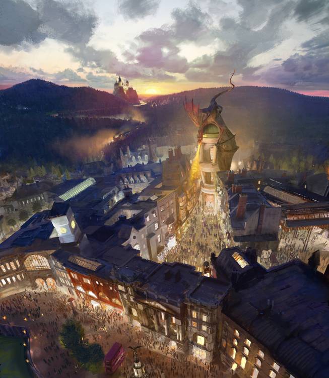 This artist rendering provided by NBC Universal shows the new Harry Potter-themed area of the Universal theme park in Orlando, Fla., which was inspired partly by the fictional Diagon Alley from the Harry Potter books and movies. The attraction will open this second Harry Potter-themed area this summer.