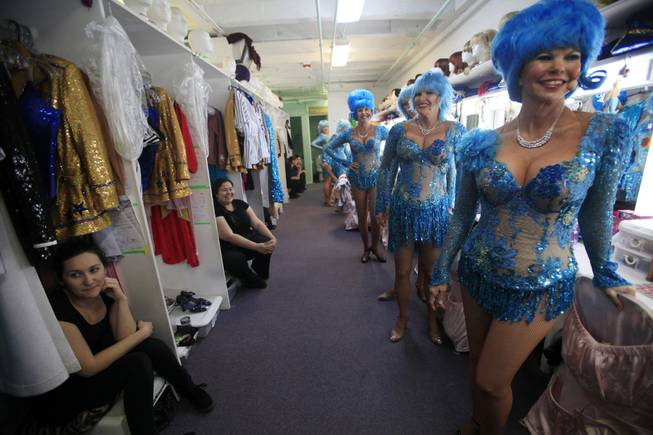 Performers line up in the dressing room for the start of "The Fabulous Palm Springs Follies" in Palm Springs, Calif., on March 27, 2014.
