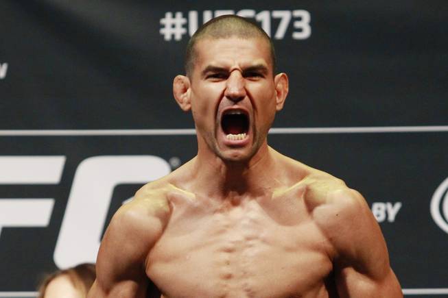 Vinc Pichel reacts to making weight during the weigh in for UFC 173 Friday, May 23, 2014 at the MGM Grand Garden Arena.