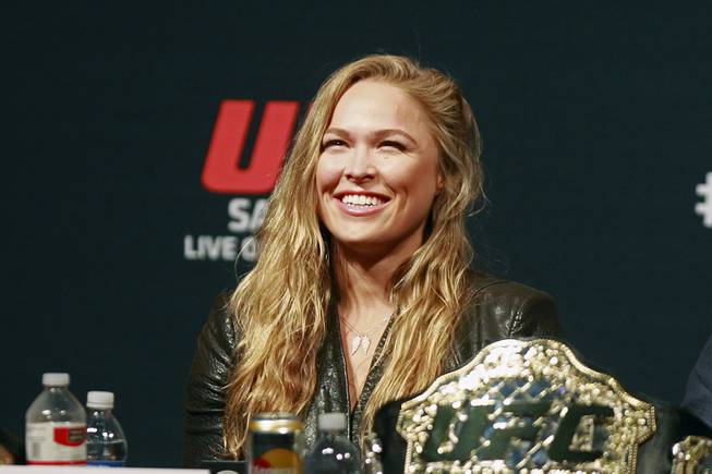 Ronda Rousey smiles during a news conference to promote UFC 175 Friday, May 23, 2014 at the MGM Grand Garden Arena. UFC 175 will be held July 5th, 2014 at the Mandalay Bay Events Center.