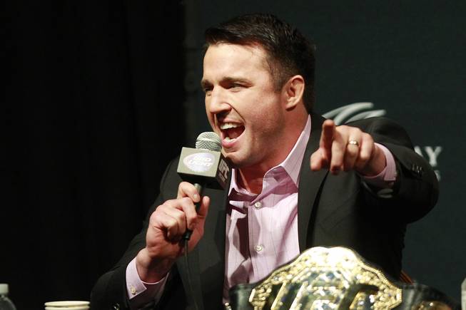 Chael Sonnen points to a fan during a news conference to promote UFC 175 Friday, May 23, 2014 at the MGM Grand Garden Arena. UFC 175 will be held July 5th, 2014 at the Mandalay Bay Events Center.
