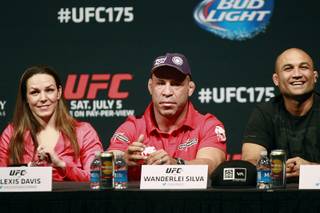 Alexis Davis, Wanderlei Silva and BJ Penn take part in a news conference to promote UFC 175 Friday, May 23, 2014 at the MGM Grand Garden Arena. UFC 175 will be held July 5th, 2014 at the Mandalay Bay Events Center.