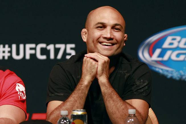 BJ Penn smiles during a news conference to promote UFC 175 Friday, May 23, 2014 at the MGM Grand Garden Arena. UFC 175 will be held July 5th, 2014 at the Mandalay Bay Events Center.