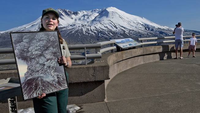 Sarah Phillips, of the Johnston Ridge Observatory at Mount St. Helen's, educates the public about the explosive eruptive past and the eruptive future of Washington's most famous volcano, May 13, 2014.