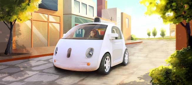 This image provided by Google shows an artistic rendering of the company's self-driving car. The two-seater won't be sold publicly, but Google on Tuesday, May 27, 2014, said it hopes by this time next year, 100 prototypes will be on public roads.