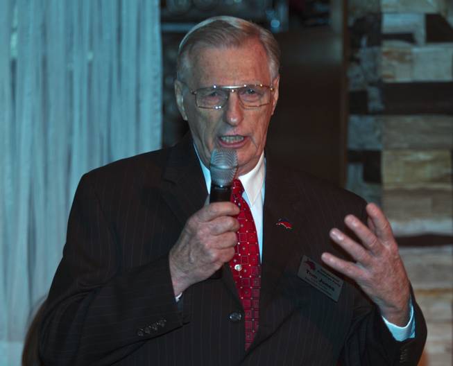State Controller candidate Tom Jones introduces his platform to Libertarian party members and guests during a  meet and greet session at Hyde in the Bellagio on Thursday, May 29, 2014.