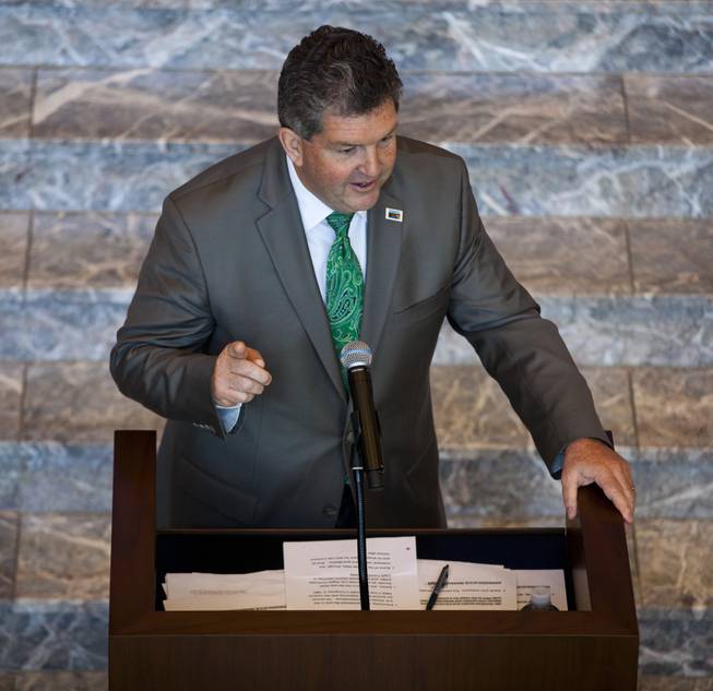 Patrick R. Donahoe, United States Postal Service Postmaster General and CEO, talks history during the unveiling ceremony of the Nevada Sesquicentennial commemorative stamp at the Smith Center on Thursday, May 29, 2014.