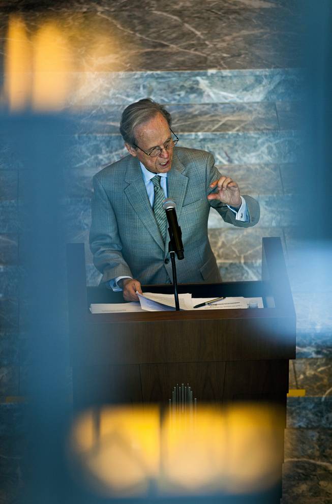 James Bilbray, United States Postal Service Board of Governors' Vice Chairman, gives a stamp dedication  during the unveiling ceremony of the Nevada Sesquicentennial commemorative stamp at the Smith Center on Thursday, May 29, 2014.