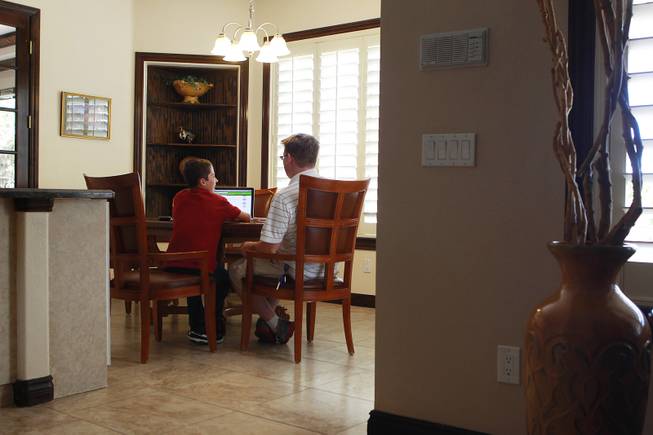 Tutor Michael Christenson uses an online program with Aidan Swenson during a tutoring session in the Swenson's home Saturday, May 31, 2014.